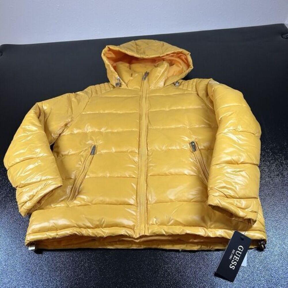 Guess Puffer Jacket Womens Large Yellow Full‎ Zip Hooded Coat Winter Preppy NEW